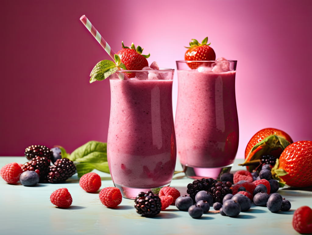 Two tall glasses filled with a rich purple-pink berry and apple smoothie, surrounded by fresh blueberries, strawberries, raspberries, blackberries, and strawberries.