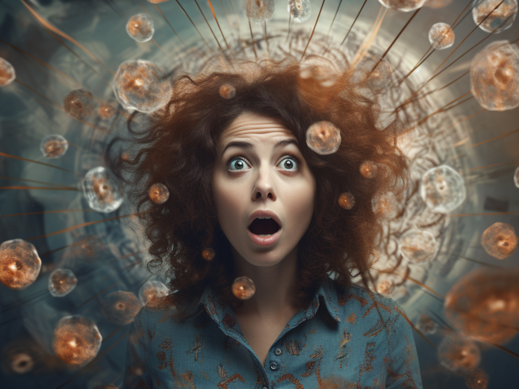 Close up of a woman looking surprised, amazed and overwhelmed. Surrounding her head are bubbles representing ideas