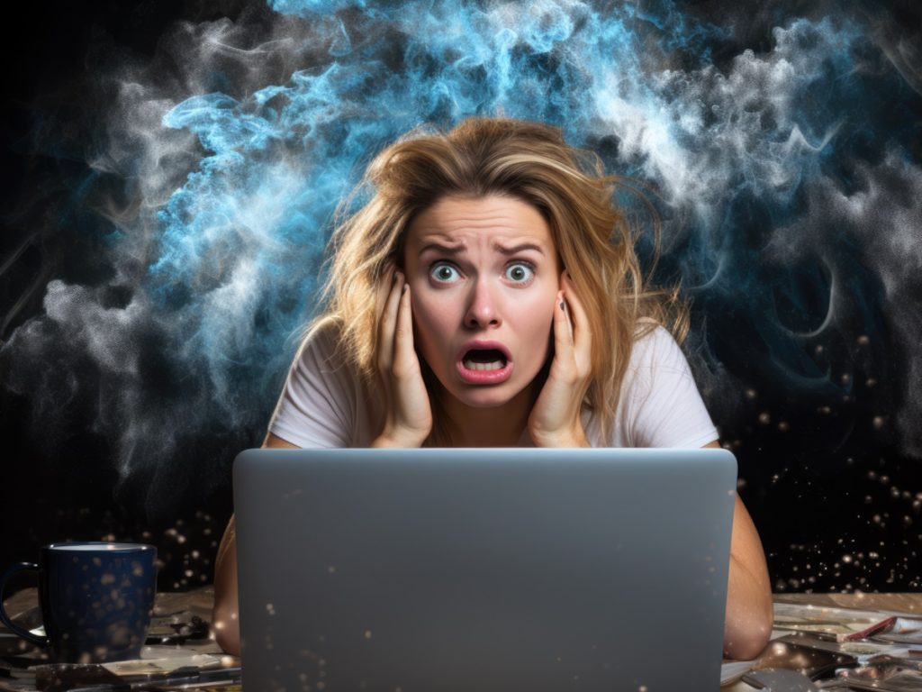 Woman sat at computer with her head in her hands and her mouth open in shock and overwhelm. Behind her is what looks like smoke but is representing electric in her brain