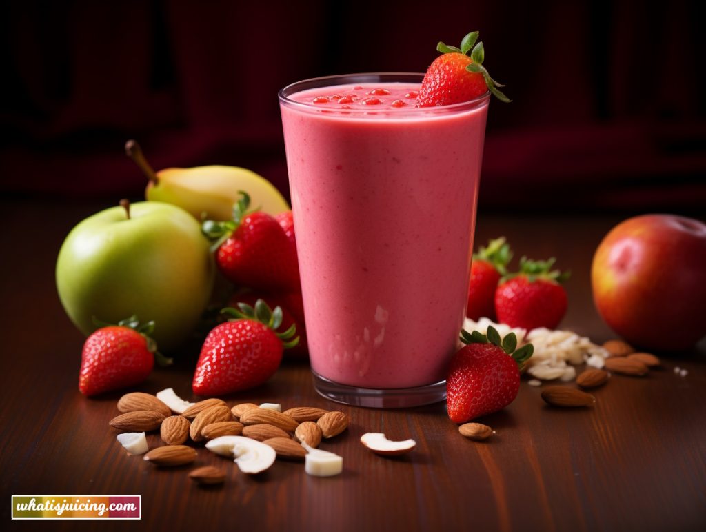 A creamy and vibrant Apple Berry Almond Smoothie in a clear glass, garnished with whole strawberries, wheat germ, and chopped almonds, surrounded by fresh ingredients on a wooden table.