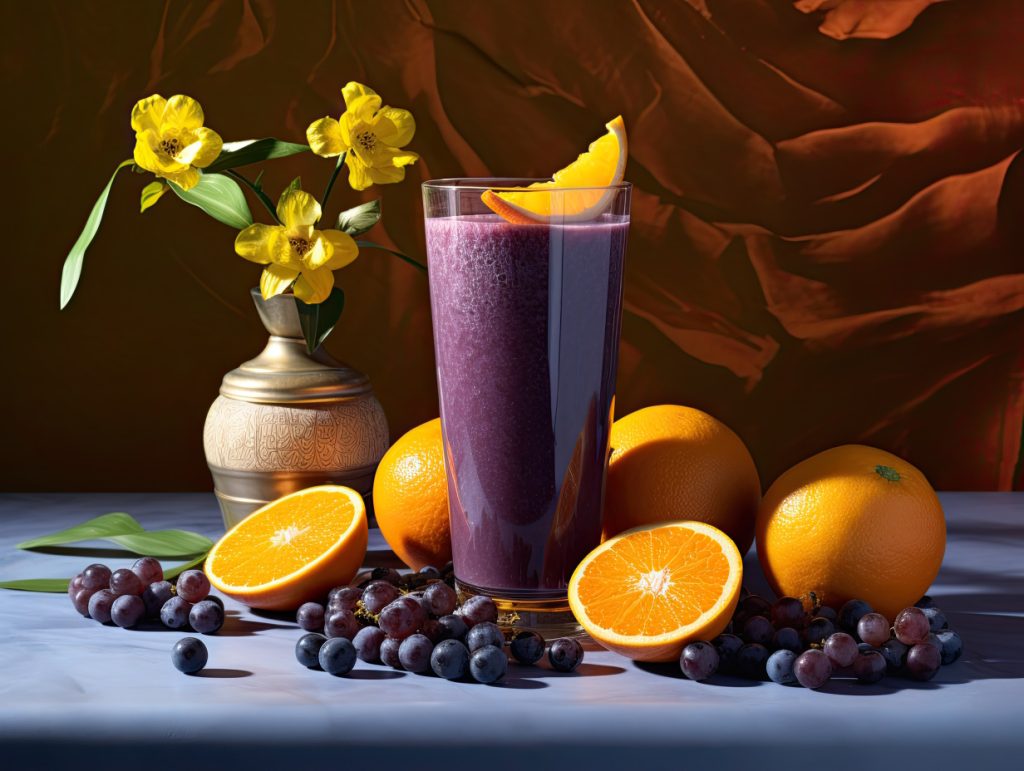 Blueberry Sunblast Smoothie Recipe. - A vibrant smoothie in a tall glass, blending from the rich purple of organic blueberries to the bright citrusy hue of freshly squeezed oranges. Surrounding the glass are scattered blueberries, fresh orange halves, and a glass squeezer on a neutral kitchen counter.