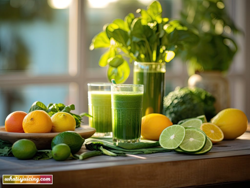 Three vibrant green juice glasses' surrounded by fresh produce ingredients on a kitchen counter, with backgrounds hinting at different times of day.