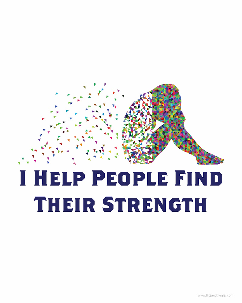 An image of a person sitting with their head down. They are turning into confetti and the quote says "I help people find their strength"